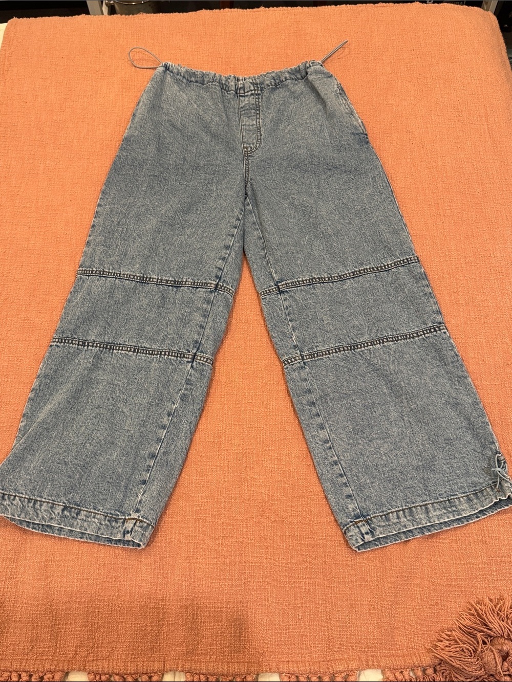NoBo wm’s large Light Blue Wide Leg Denim Pants with bungee cord waist & ankles